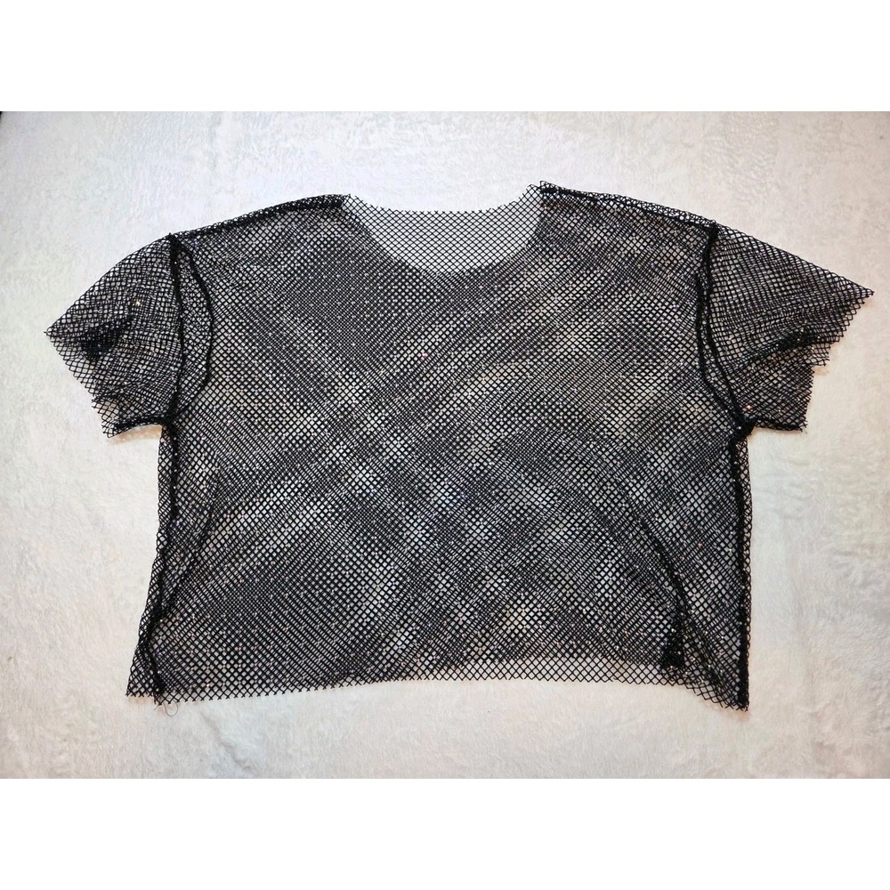 351 Black CostumeSheer Mesh Rhinestone Sparkle Short Sleeve Top Women's Cover Up